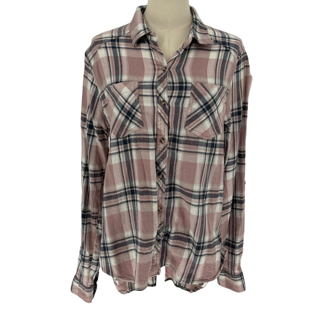 Love Notes Button Down Shirt Mauve Pink‎ Plaid 100% Cotton Large